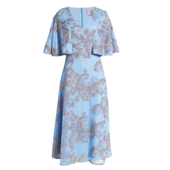 New JS Collection Saige Floral Brocade Cocktail Midi Dress in Sky Blue Size 6 - Picture 9 of 9